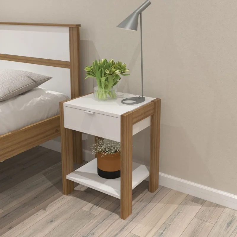 Mesa de Cabeceira 1 Prateleira 1 Gaveta AZ1016 Branco Amêndoa/Branco