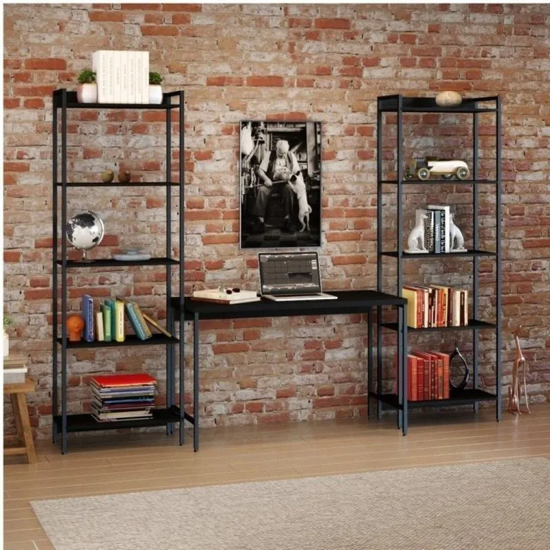 Conjunto 3 Peças Com Escrivaninha E 2 Estantes Industriais Active Yescasa Preto