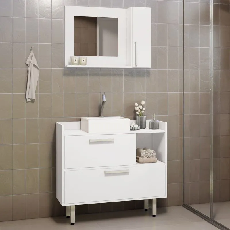 Conjunto Para Banheiro Gabinete 2 Portas 1 Nichos Espelheira 1 Porta Cnj1034 Branco