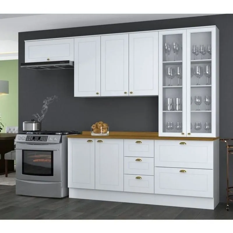 Cozinha Compacta Modulada 5 Peças 8 Portas 5 Gavetas Tampo Amadeirado Emily Espresso Móveis Branco Hp/nature
