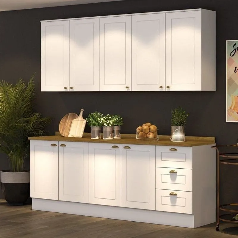 Cozinha Compacta Modulada 4 Peças 100% Mdf 2 Armários Aéreos 2 Balcões Com Tampo Branca/nature Emily Branco Hp/nature