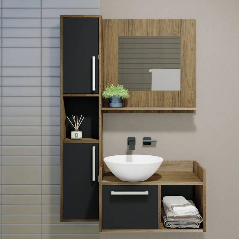Conjunto Para Banheiro 3 Portas 2 Nichos Sem Cuba Preto