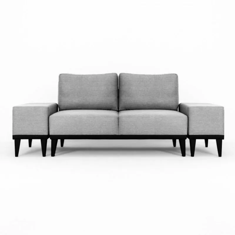 Sofá 2 Lugares E 2 Puffs Em Linho Boreal Com Mola Ensacada Cabecasa Madeiramadeira Cinza