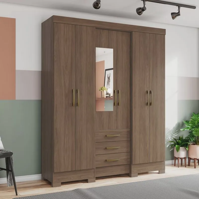 Guarda-Roupa Casal 6 Portas 3 Gavetas com Espelho Santorini Henn