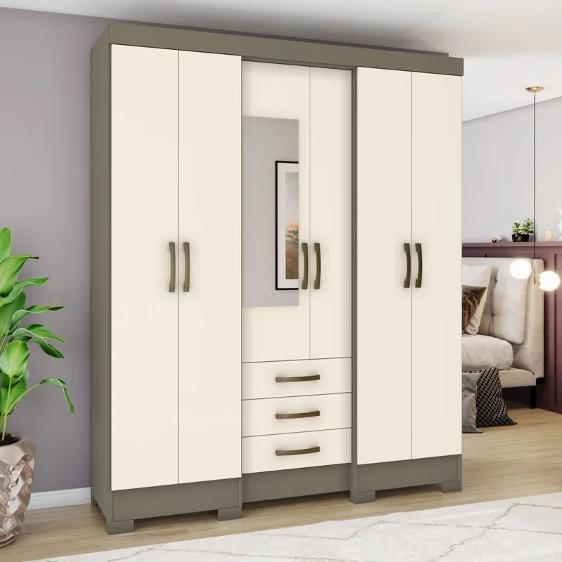 Guarda-roupa Casal 6 Portas 3 Gavetas Com Espelho Santorini Henn Duna/off White