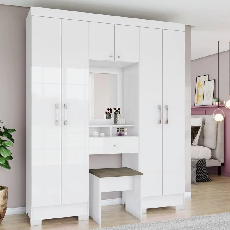 Guarda-roupa Casal 6 Portas 2 Gavetas Fiora Henn Branco/branco/rosa Chá