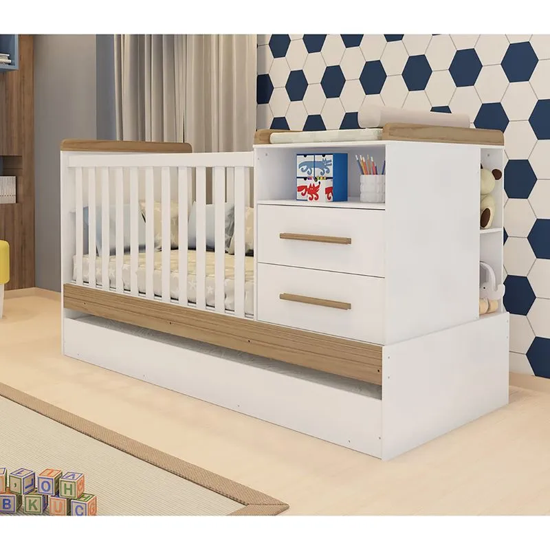 Berço Americano Multifuncional Com Cama Auxiliar E 2 Gavetas Vini Móveis Peroba Branco/carvalho