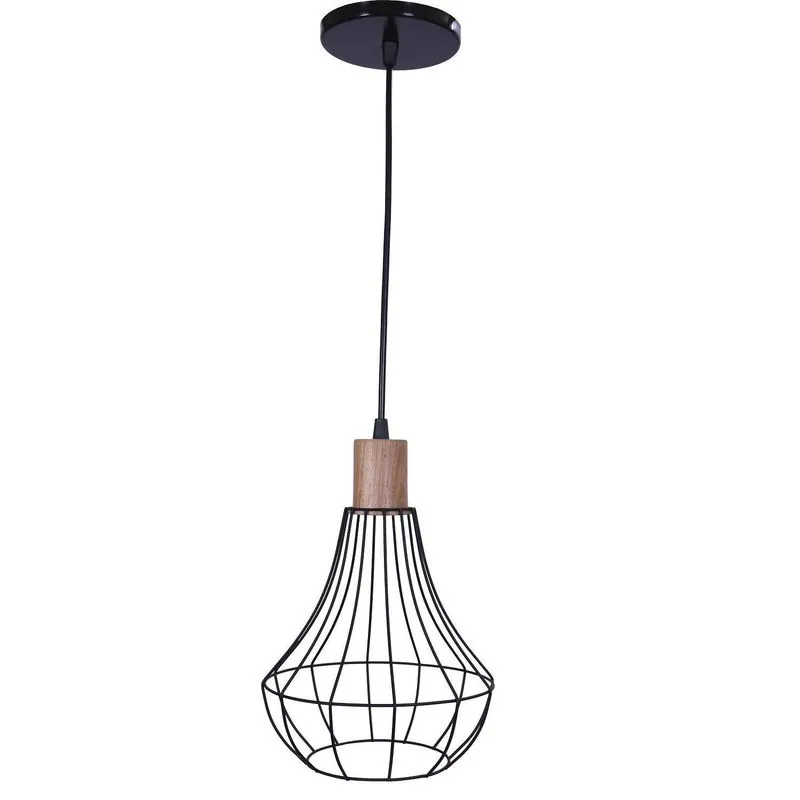 Pendente Aramado Pinha Com Bocal Em Madeira Adm Iluminação Preto Fosco