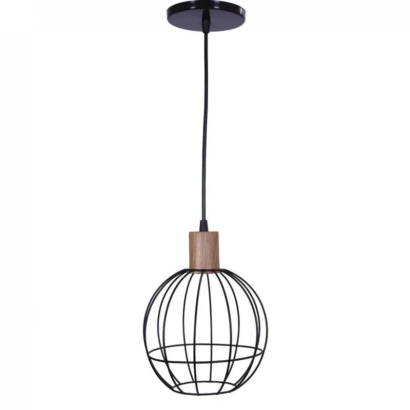 Pendente Aramado Globo Com Bocal Em Madeira Adm Iluminação Preto Fosco