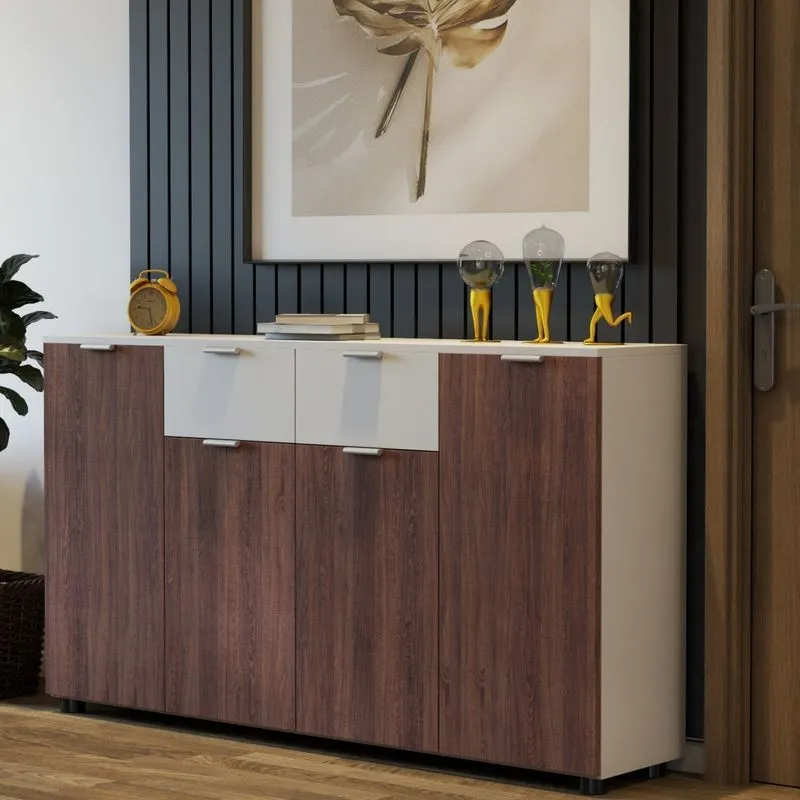 Buffet 4 Portas 2 Gavetas 160cm Bruges Movenord Branco/ Carvalho Evora
