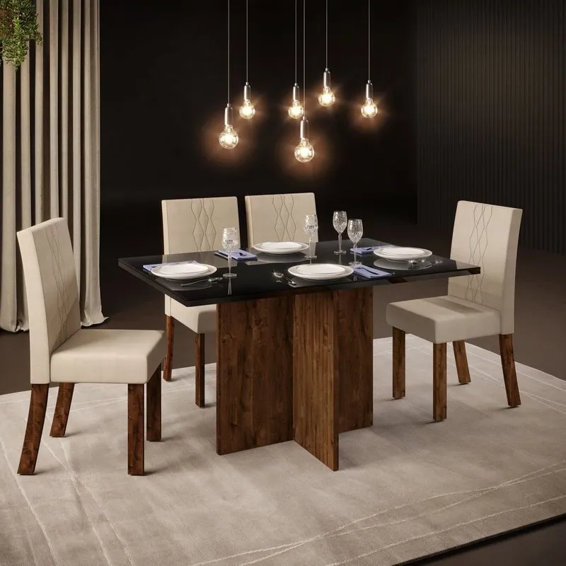 Conjunto Sala De Jantar Mesa Tampo De Vidro Meira Com 4 Cadeiras Dj Móveis Rustico Malbec Preto/suede Areia