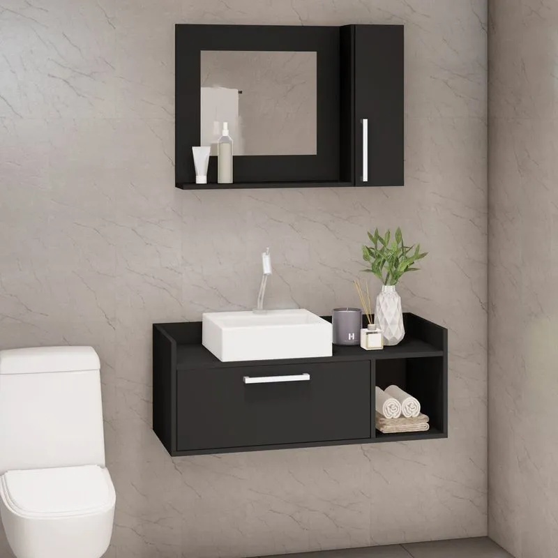 Conjunto Para Banheiro 2 Portas 1 Nicho Cnj1031 Preto