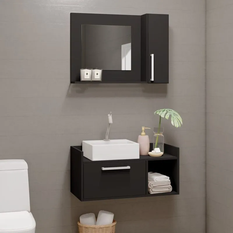 Conjunto Gabinete Para Banheiro 2 Portas E 1 Nicho Preto