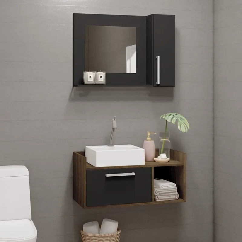 Conjunto Gabinete Para Banheiro 2 Portas E 1 Nicho Preto/madeirado