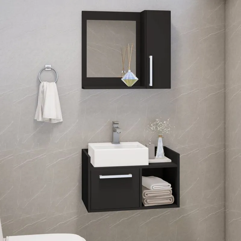 Conjunto Gabinete Para Banheiro 2 Portas E 1 Nicho Preto
