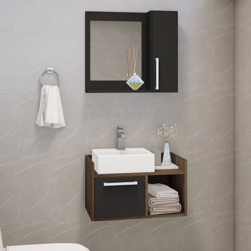 Conjunto Gabinete Para Banheiro 2 Portas E 1 Nicho Preto/madeirado