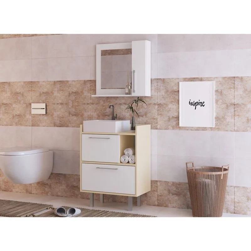 Conjunto Gabinete Para Banheiro 2 Portas E 1 Nicho Branco/creme