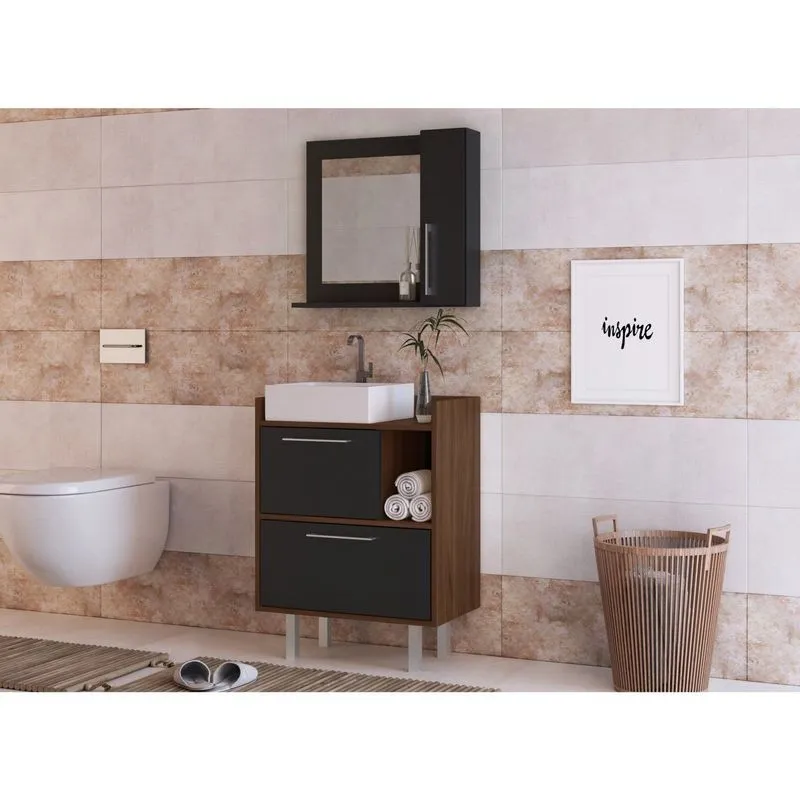 Conjunto Gabinete Para Banheiro 2 Portas E 1 Nicho Preto/madeirado