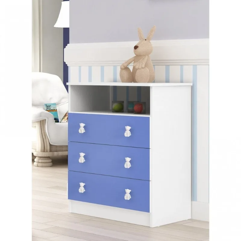 Cômoda de Bebê 3 Gavetas 1 Nicho Arco-Íris Azul/Branco Branco/Azul