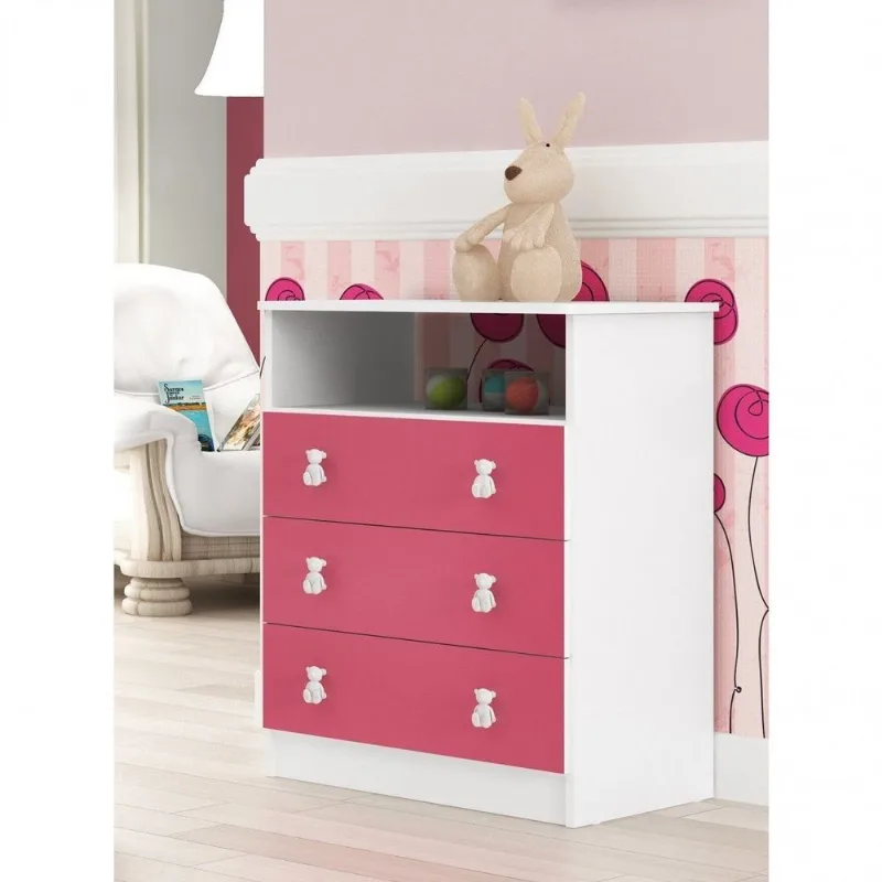 Cômoda de Bebê 3 Gavetas 1 Nicho Arco-Íris Rosa/Branco Branco/Rosa