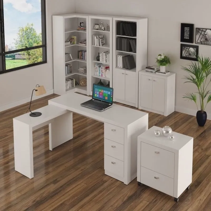Kit Escritório 6 Peças com Mesa para Escritório em l, Balcão, Gaveteiro, Armário Multiuso