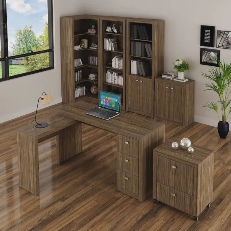 Kit Escritório 6 Peças com Mesa para Escritório em l, Balcão, Gaveteiro, Armário Multiuso