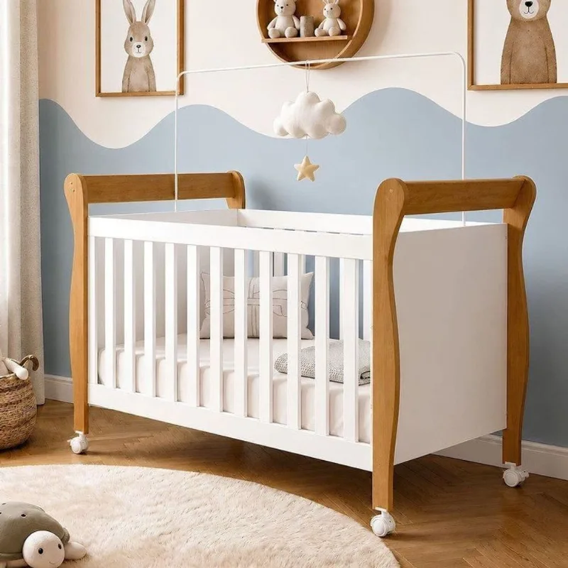 Berço Mini Cama 100% MDF Slim com 3 Níveis de Altura Branco/Madeirado Ypê