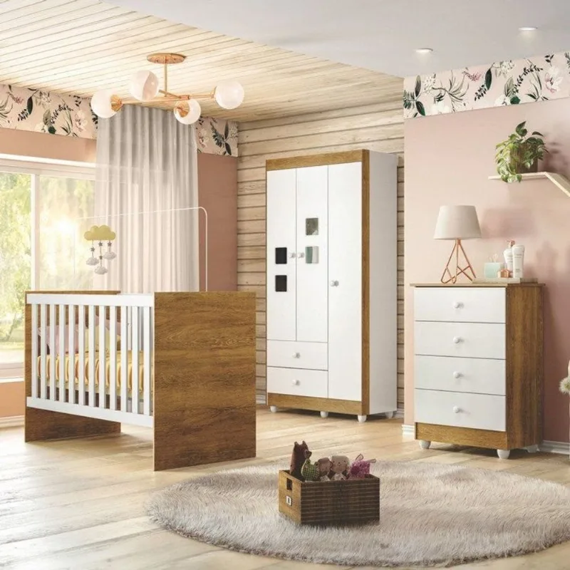 Quarto de Bebê 100% MDF Berço com Colchão, Cômoda Soft e Guarda Roupa 3 Portas Life Branco/Ypê Branco/Ypê