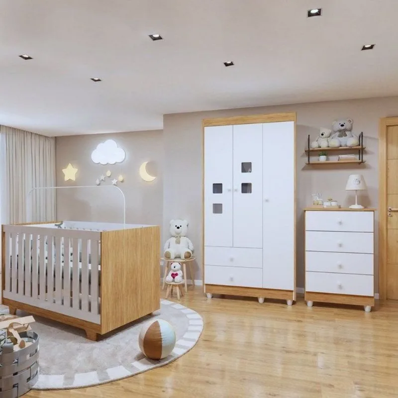 Quarto de Bebê 100% MDF Berço Minicama com Colchão, Cômoda e Guarda Roupa 3 Portas Life Branco/Y Branco/Ypê