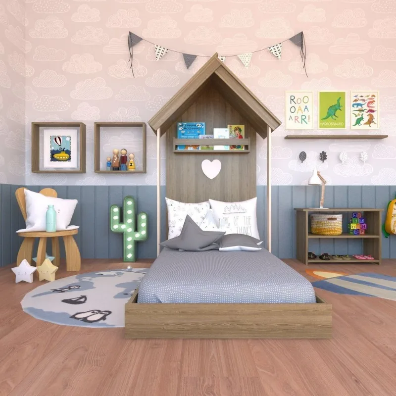 Conjunto Infantil Cama Banqueta 2 Nicho e Prateleira Bramov Móveis Bege/Carvalho Mel Carvalho Mel