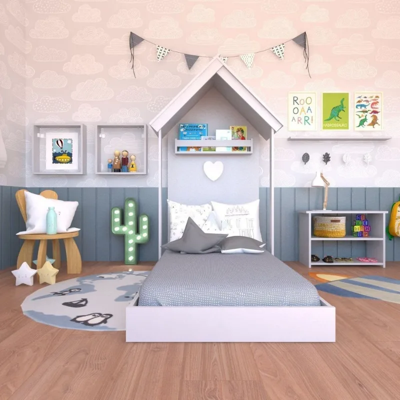 Conjunto Infantil Cama Banqueta 2 Nicho e Prateleira Bramov Móveis Cinza/Cristal Cinza Cristal