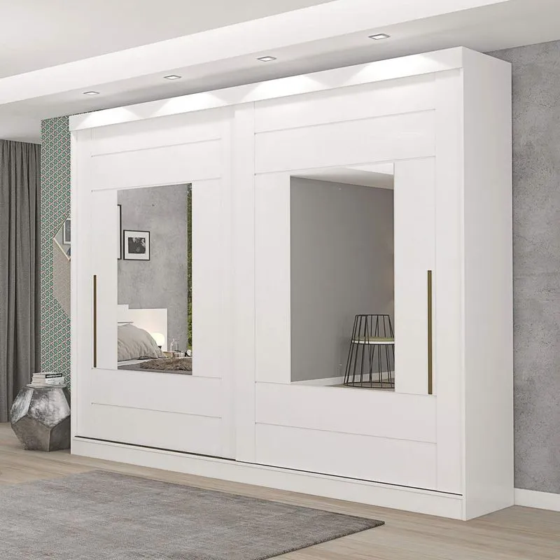 Guarda Roupa Casal em MDF 2 Portas de Correr Espelhos 8 Gavetas Internas Maria Panan Móveis Branco
