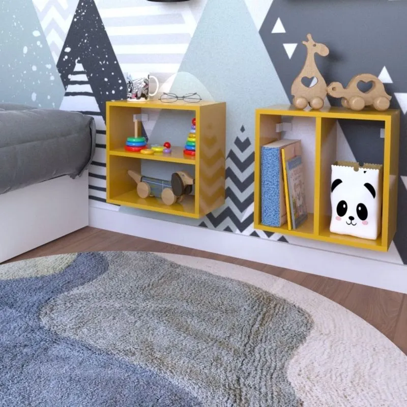 Conjunto 2 Nichos Prateleira Para Quarto Infantil Amarelo