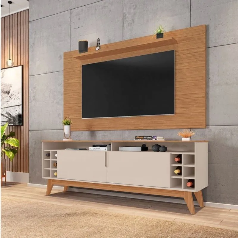 Rack Com Painel Para Tv Até 60 Polegadas Retrô Com Adega Wine Esmeralda Casa D Off White/noce