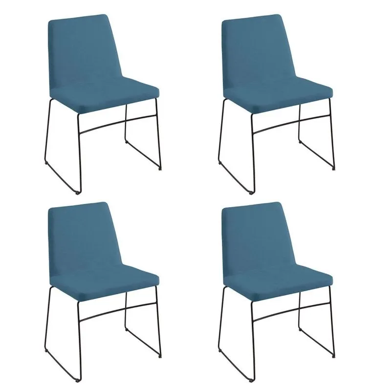 Kit 4 Cadeiras Para Sala De Jantar Escritório Estofada Linho Base Em Aço Paris Azul Azul