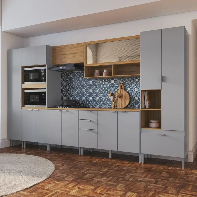 Cozinha Modulada 7 Peças 2 Paneleiros, 2 Balcões, 2 Armários Aéreos e 1 Torre Quente Hera