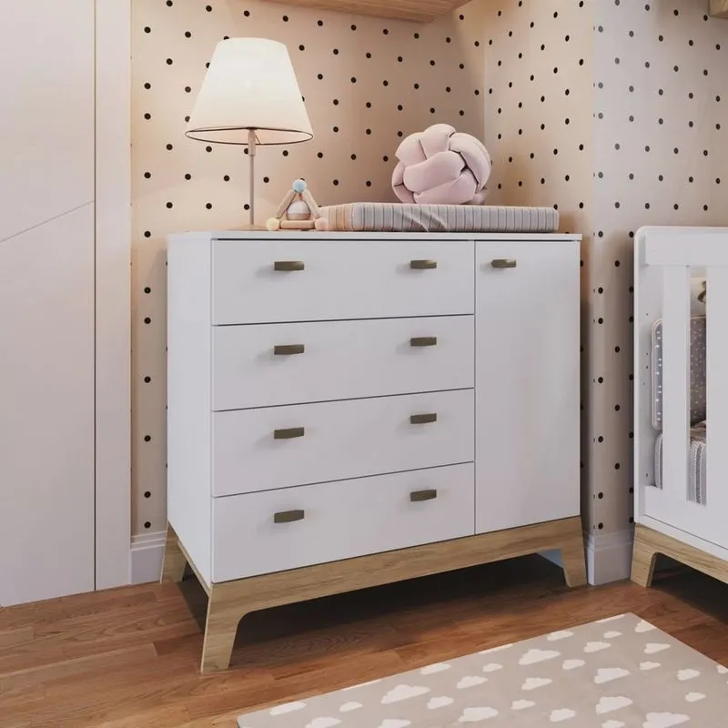 Cômoda Infantil 4 Gavetas e 1 Porta Linha Favo de Mel Completa Móveis