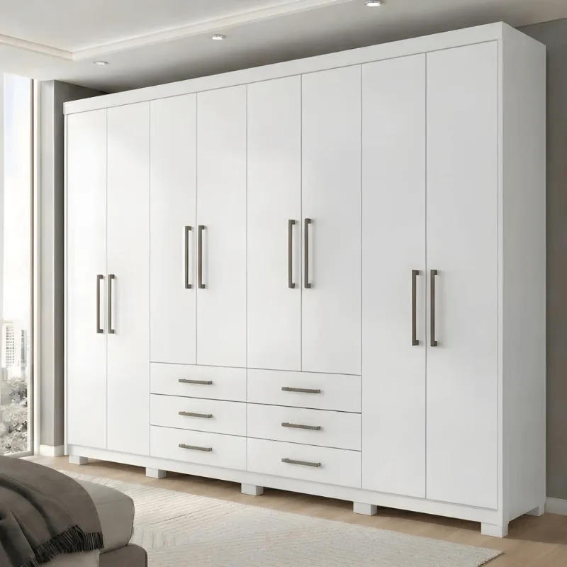 Guarda Roupa Casal 8 Portas e 6 Gavetas com Pés Master Branco Branco