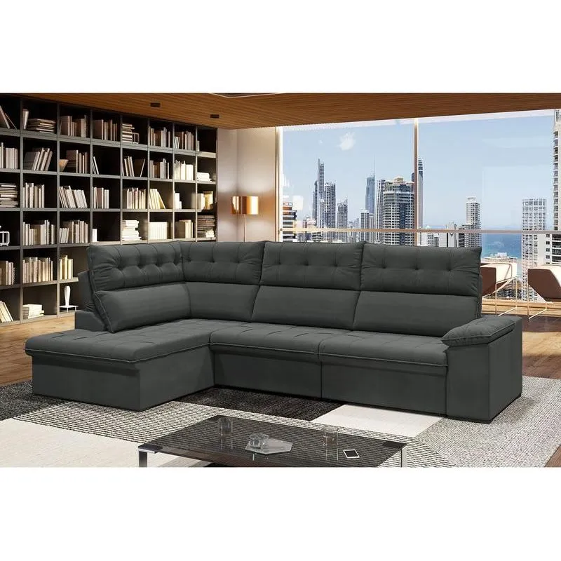 Sofá de Canto Retrátil e Reclinável Flexforma Madrid 6 Lugares Suede Veludo Cinza