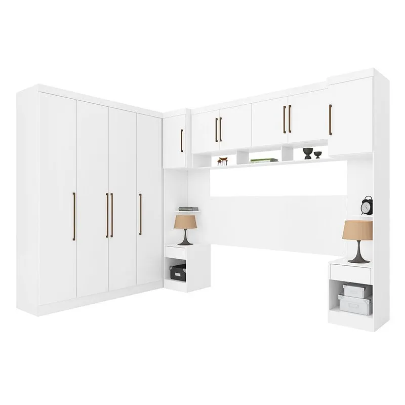 Quarto Modulado Paris de Casal Guarda Roupa de Canto c/ Painel Cabeceira Branco - Mercado dos Móveis