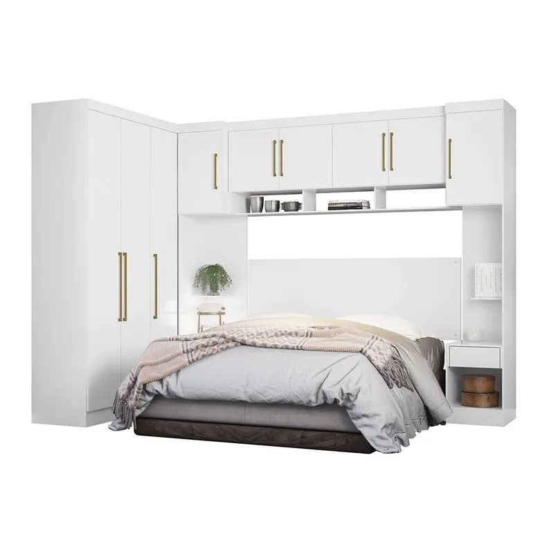 Quarto Modulado Paris de Casal Branco Guarda Roupa c/ Painel Cabeceira - Mercado dos Móveis