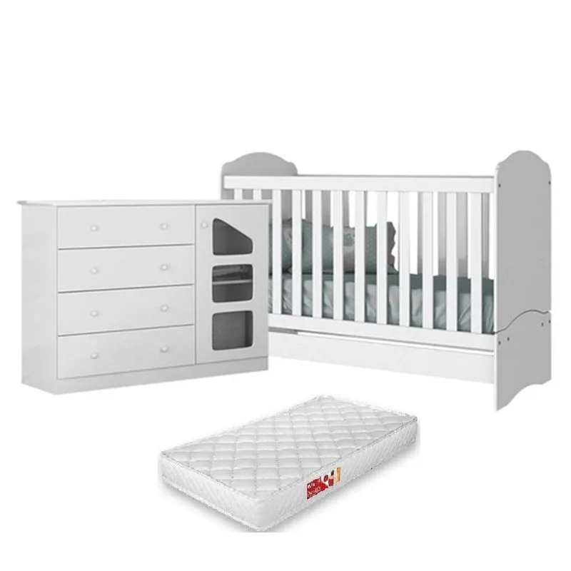 Cômoda Ludi Sapateira 4 Gavetas mdf + Berço Mini Cama Chuva de Amor Branco c/ Colchão