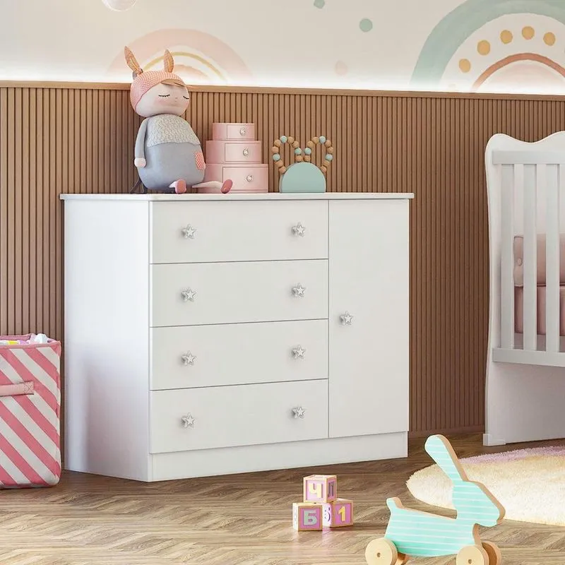 Cômoda Sapateira Infantil Pirulito 1 Porta c/ 4 Gavetas Branco 2561 - Mercado dos Móveis