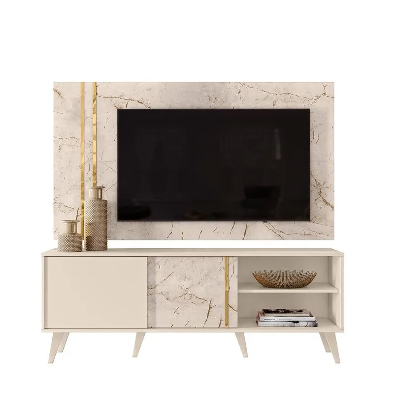 Combo Painel + Rack Cronos para TV 65 Portas de Correr Calacata/ Off White - Madetec