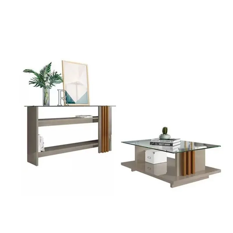 Aparador + Mesa de Centro Frizz Tampo em Vidro para Recepção Sala Fendi/ Naturale - Madetec