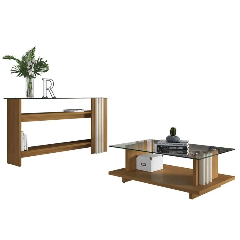 Aparador + Mesa de Centro Frizz Tampo em Vidro para Recepção Sala Naturale/ Off White - Madetec