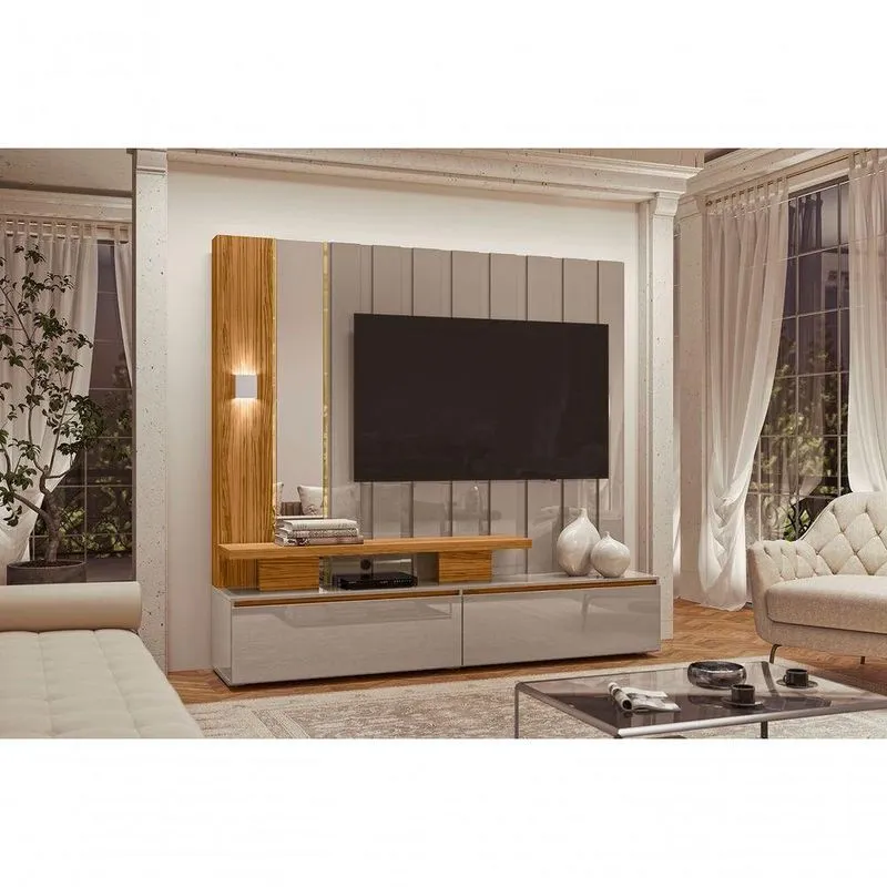 Home Theater Estante Painel Com Espelho E Led 2 Gavetas Zeus Fendi-naturale - Madetec