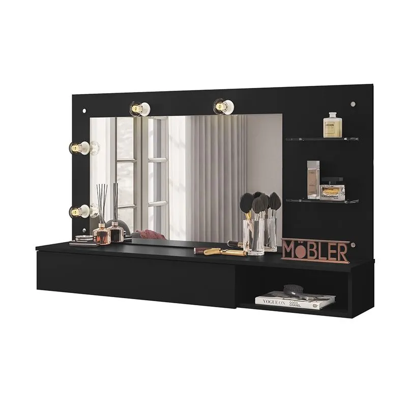 Camarim Escrivaninha Lumiere Arisa Espelho/ Kit Soquete para Luzes Preto - Mobler