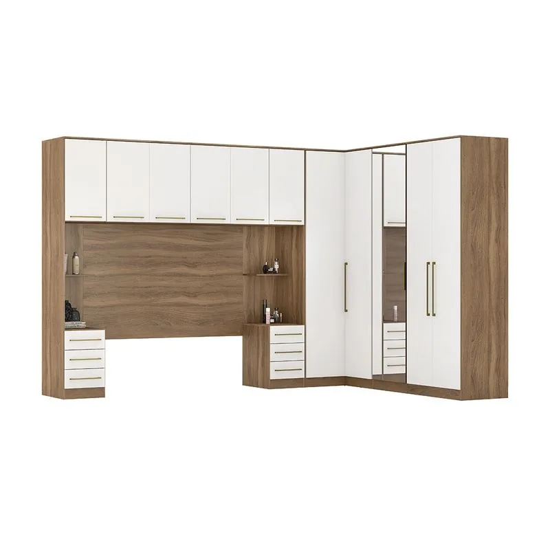 Quarto Modulado de Casal 7 Pçs Armário Aéreo + Armário com Espelho Irlanda Amêndola/Branco - Demóbile
