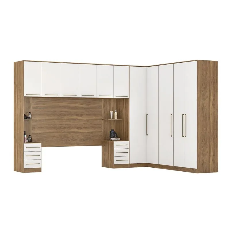 Quarto Modulado de Casal Ponte Armário Aéreo 11 Portas e 9 Gavetas Irlanda Amêndola/Branco - Demóbile